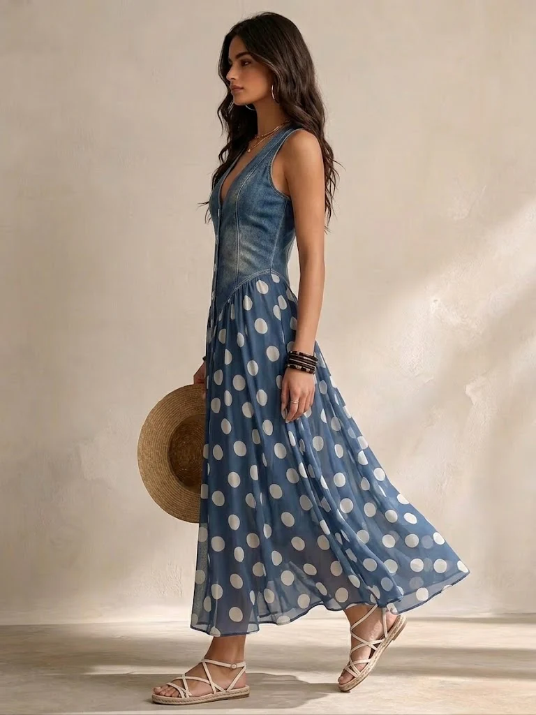 Beatrice | Robe en jean chic avec jupe en mousseline à pois