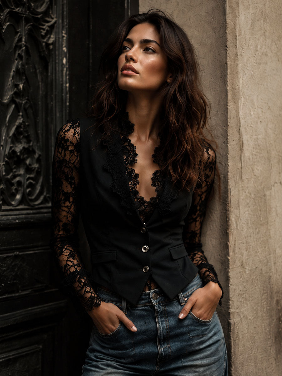 Noémie | Blazer noir à manches semi-transparentes