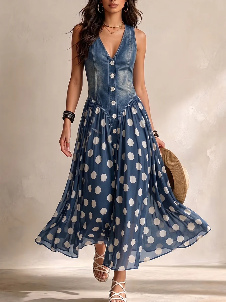 Beatrice | Robe en jean chic avec jupe en mousseline à pois