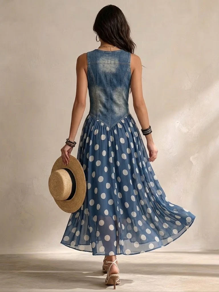 Beatrice | Robe en jean chic avec jupe en mousseline à pois