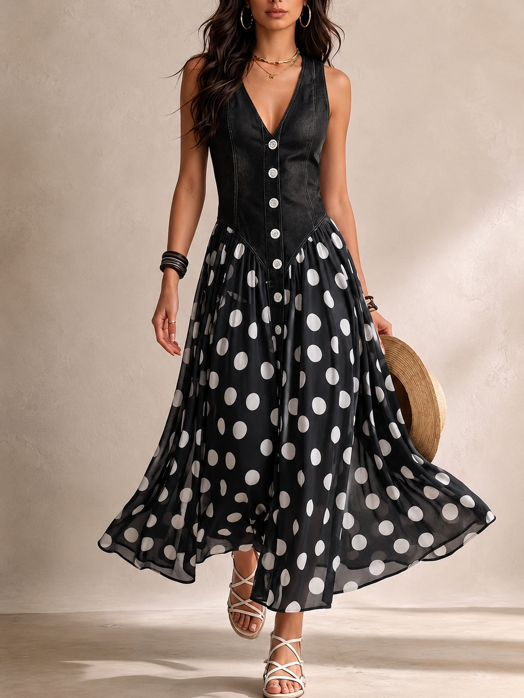 Beatrice | Robe en jean chic avec jupe en mousseline à pois