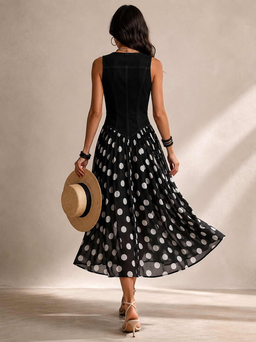Beatrice | Robe en jean chic avec jupe en mousseline à pois