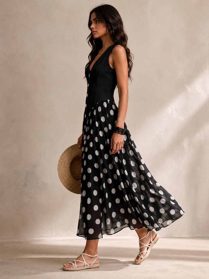 Beatrice | Robe en jean chic avec jupe en mousseline à pois