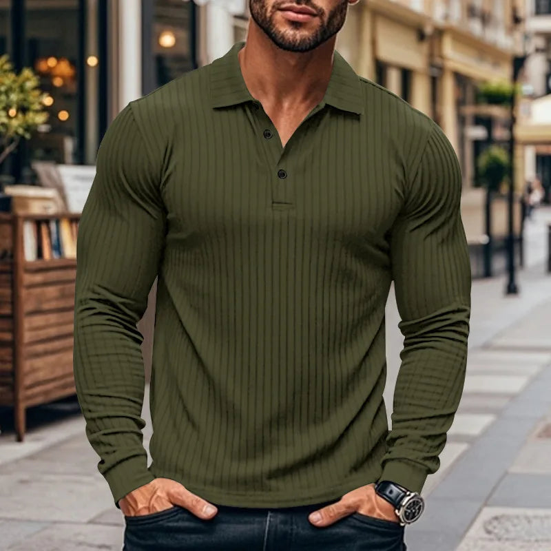 Polo à manches longues pour hommes en maille côtelée avec patte de boutonnage | Aveloire Paris